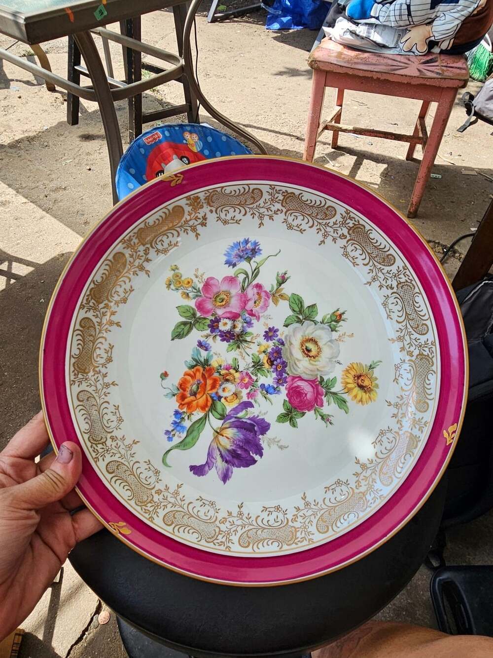 Vintage French Porcelain Floral Charger Plate with Magenta and Gold Trim